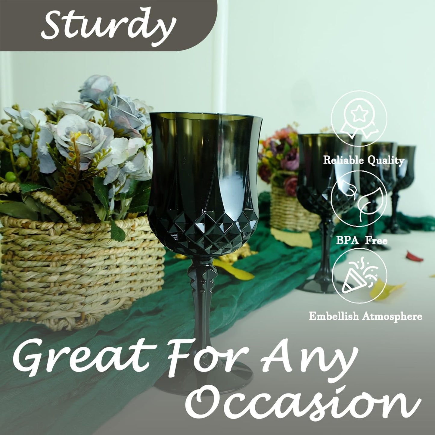 Plastic Wine Glasses,Plastic Goblets Vintage Style Cordial Drinking Glasses for Wedding Reception, Grand Event Party Supplies (12, Black)