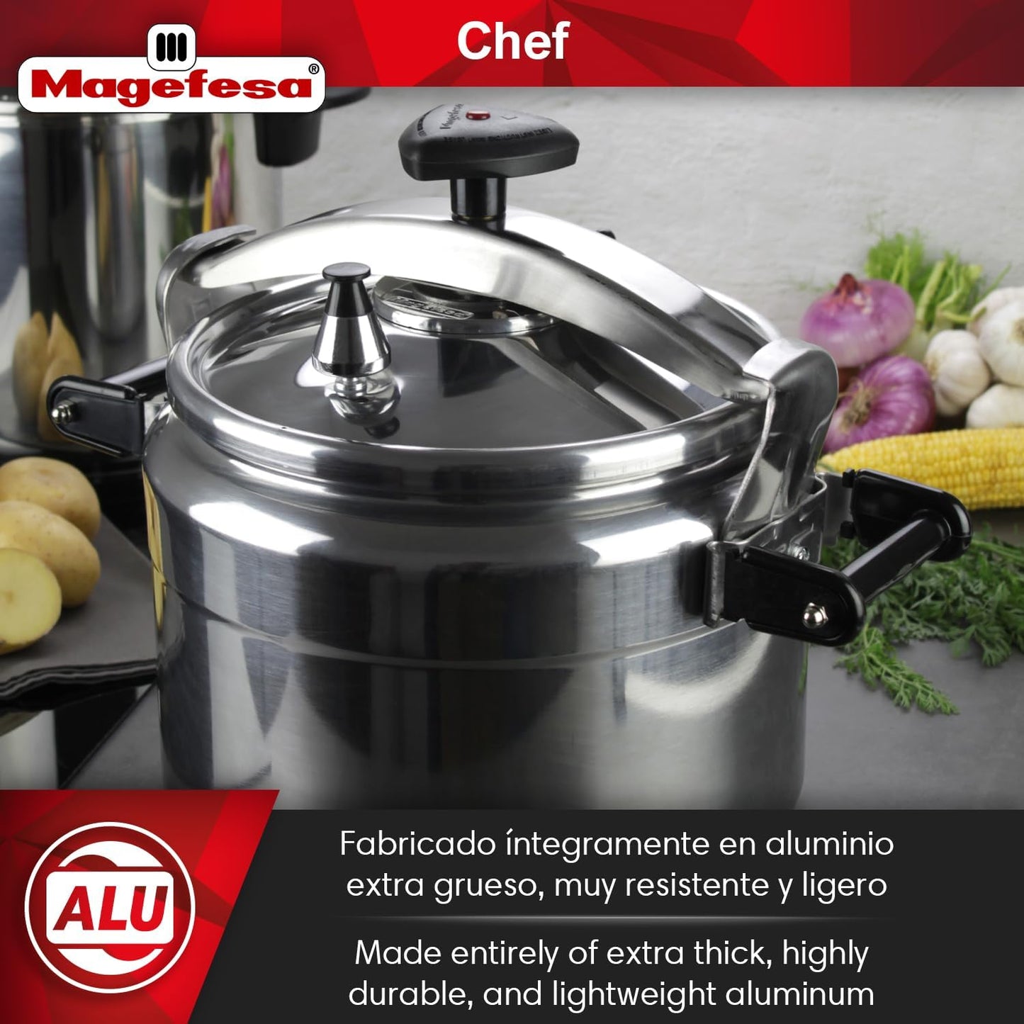 MAGEFESA Chef 23-Quart Aluminum Pressure Cooker – Stainless Steel Lid, Thermodiffusion Base, 3 Safety Systems, Fast & Even Cooking