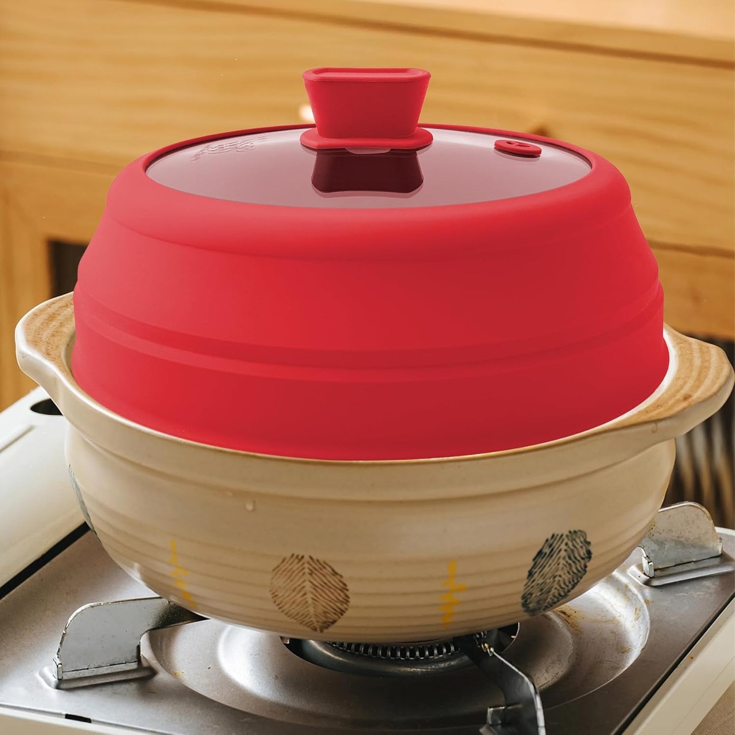 Microwave Splatter Cover Glass Microwave Cover for Food Collapsible Splatter Guard Lid with Silicone Handle for Pot Plate Bowl 9 Inch Red