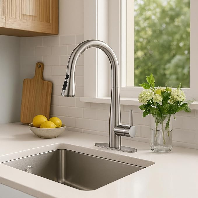 High Arc Pull Out Kitchen Faucet, Brushed Nickel Faucet, 1 or 3 Holes Kitchen Sink Bar Faucets with Pull Down Sprayer