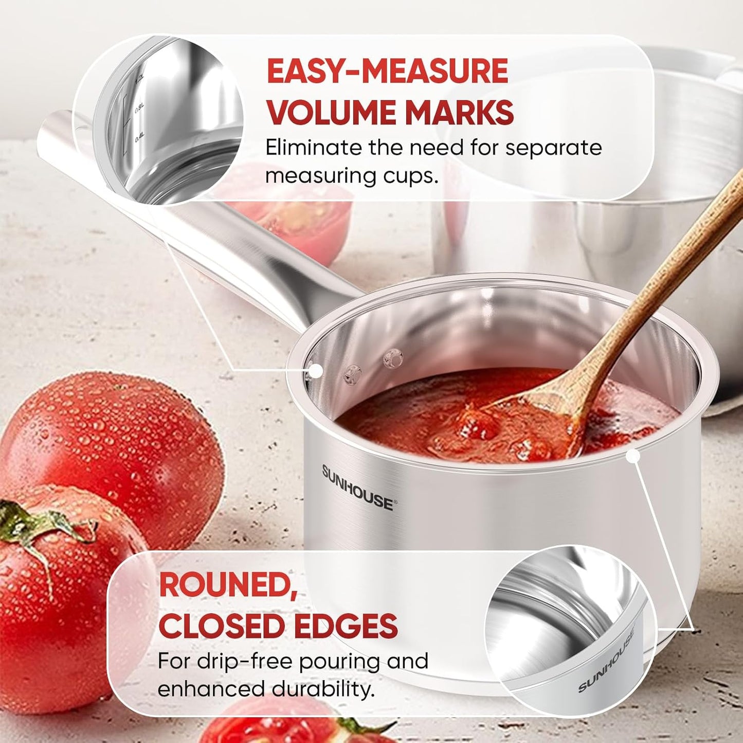 Sunhouse – 1.5 Quarts Stainless Steel Sauce Pan with Lid - PFOA-FREE, Stainless Steel Sauce Pan, Induction base, Stay-Cool Handle, Compatible with All Cooktops Gas, Geramic, Electric etc.