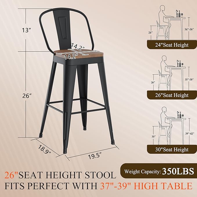 Aklaus Swivel Metal Bar Stools 26 inch Swivel Counter Height Barstools Set of 2 Modern Farmhouse Bar Chairs with High Backs and Large Wooden Seat for Kitchen Island Dining Room Matte Black