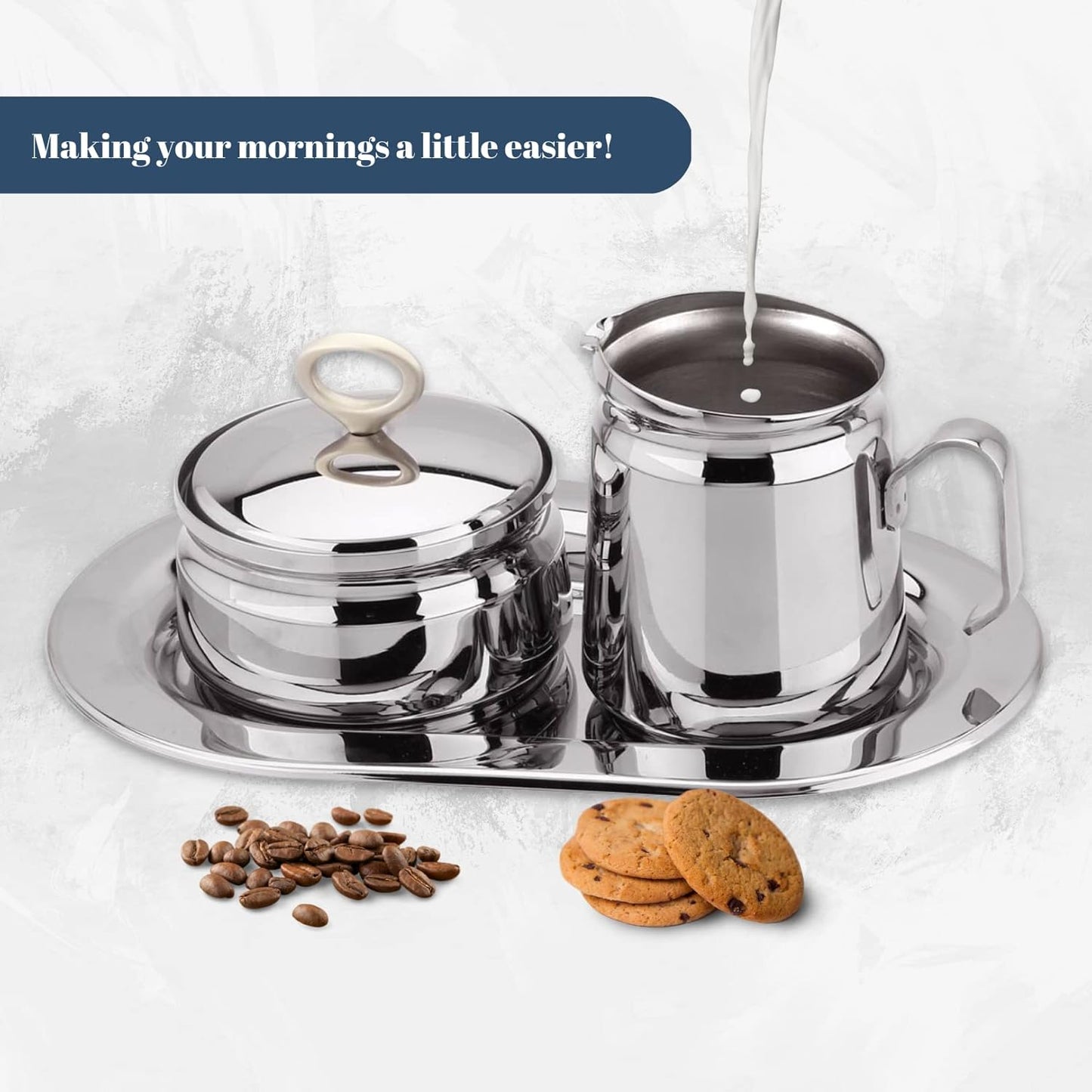 Regent OVATION Stainless Steel Sugar and Creamer Set on Tray Creamer and Sugar Bowl Set Stainless Steel Latte Milk Cup Cream Jug and Sugar Bowl Tray for Coffee Serving Set Frothing Milk