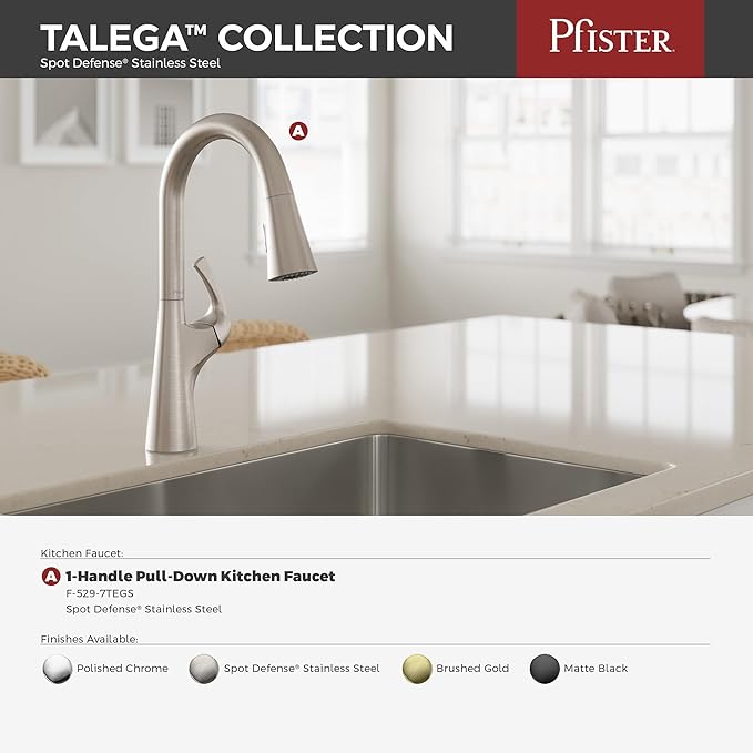 Pfister Talega Kitchen Faucet with Pull Down Sprayer, Single Handle, High Arc, NSF Certified, Spot Defense Stainless Steel Finish, F5297TEGS