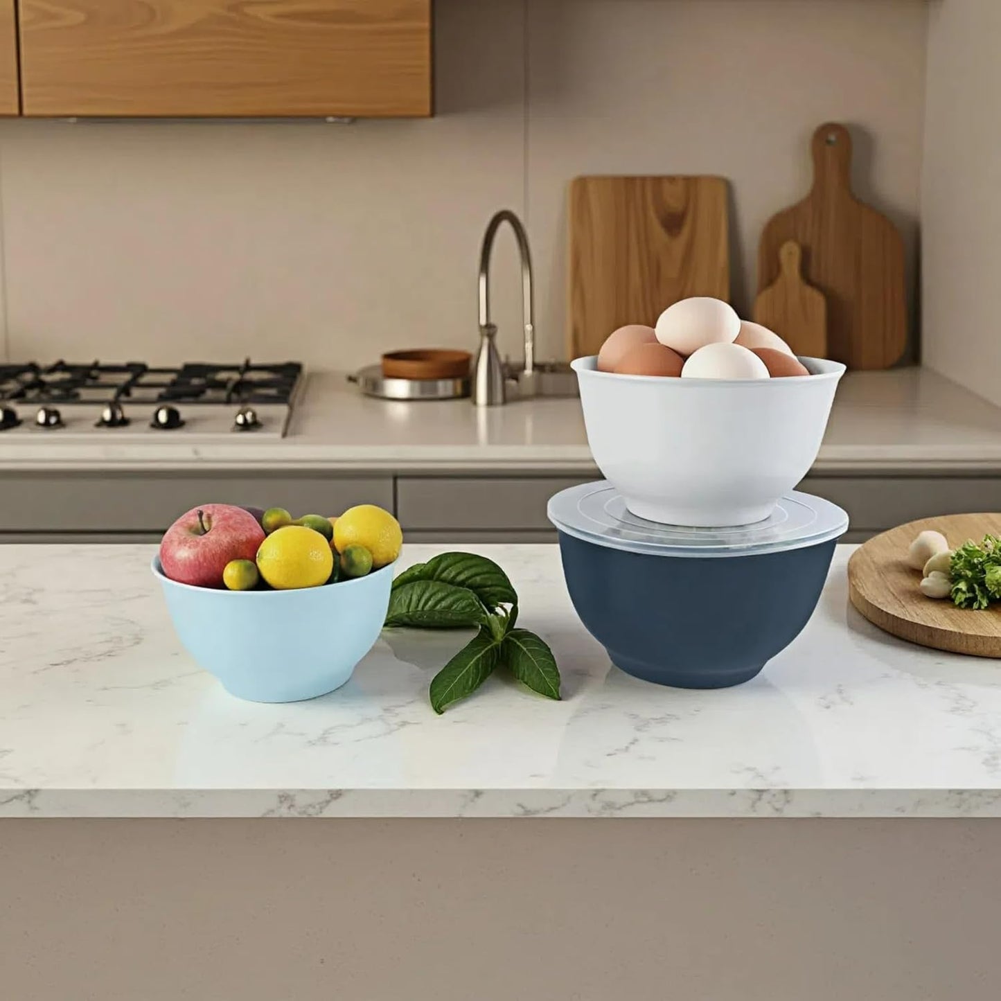 TP Large Mixing Bowl Set with Lids, Melamine Nesting Bowls Set for Pasta Baking Salad Mixing, Set of 3, Blue and White