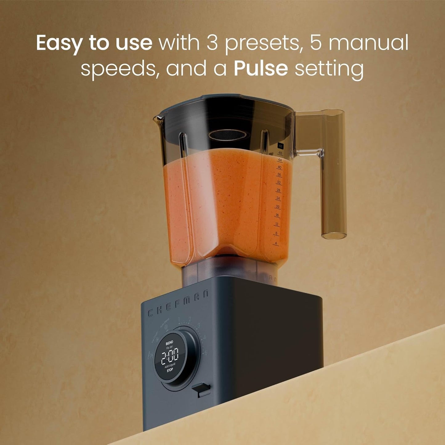 Chefman Obliterator 48 oz Countertop Blender for Smoothies, 1380W Motor to Crush Ice, Nuts, and Frozen Fruit with Stainless Steel Blade, Blender Pack Includes Two 20 oz. Travel Jars - Midnight