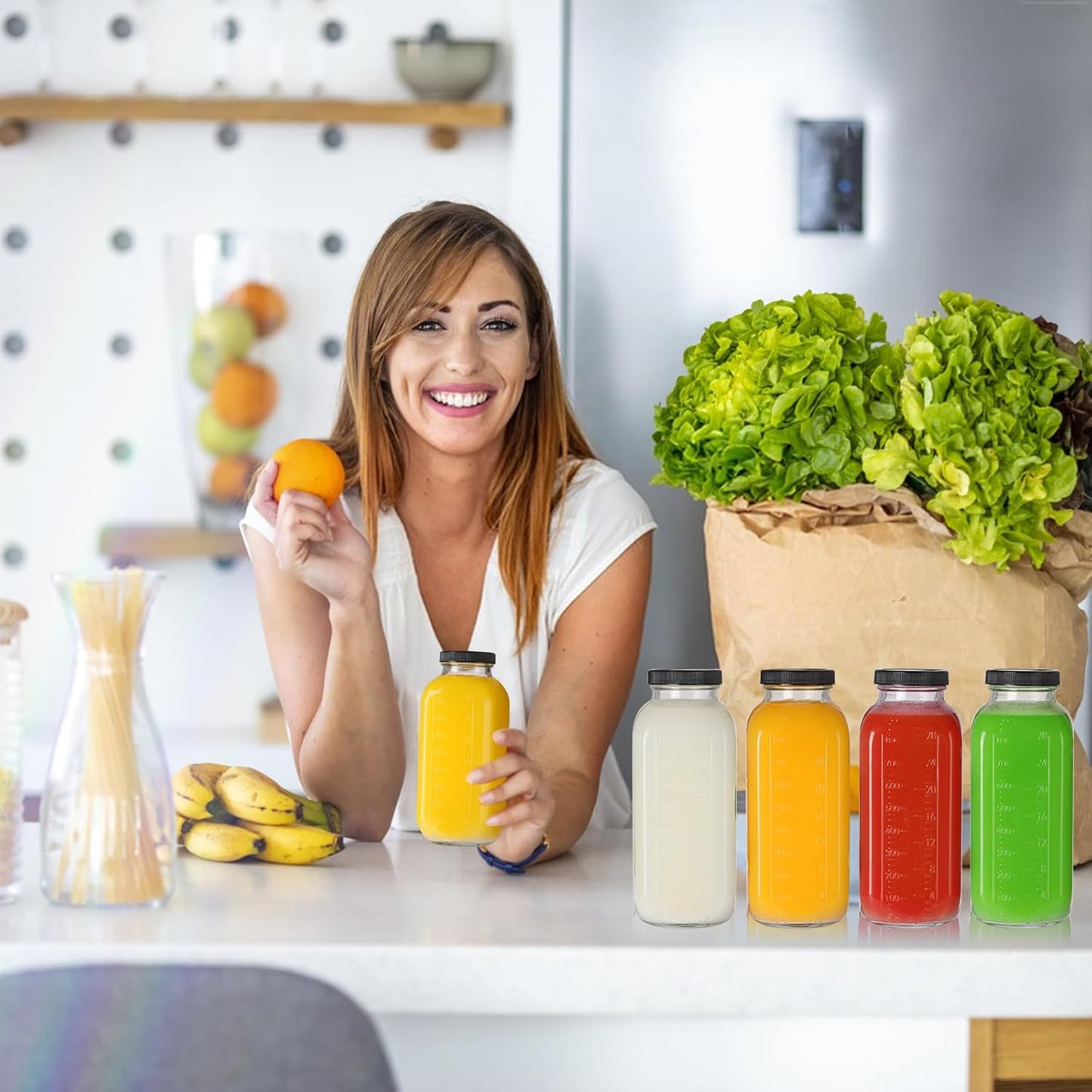 STARSIDE 32 oz Glass Juice Bottles with Lids 4 Pack - Square Reusable Drinking Jars for Juicing, Milk, Kombucha - Includes 1 Bottle Brush, 6 Colored Labels