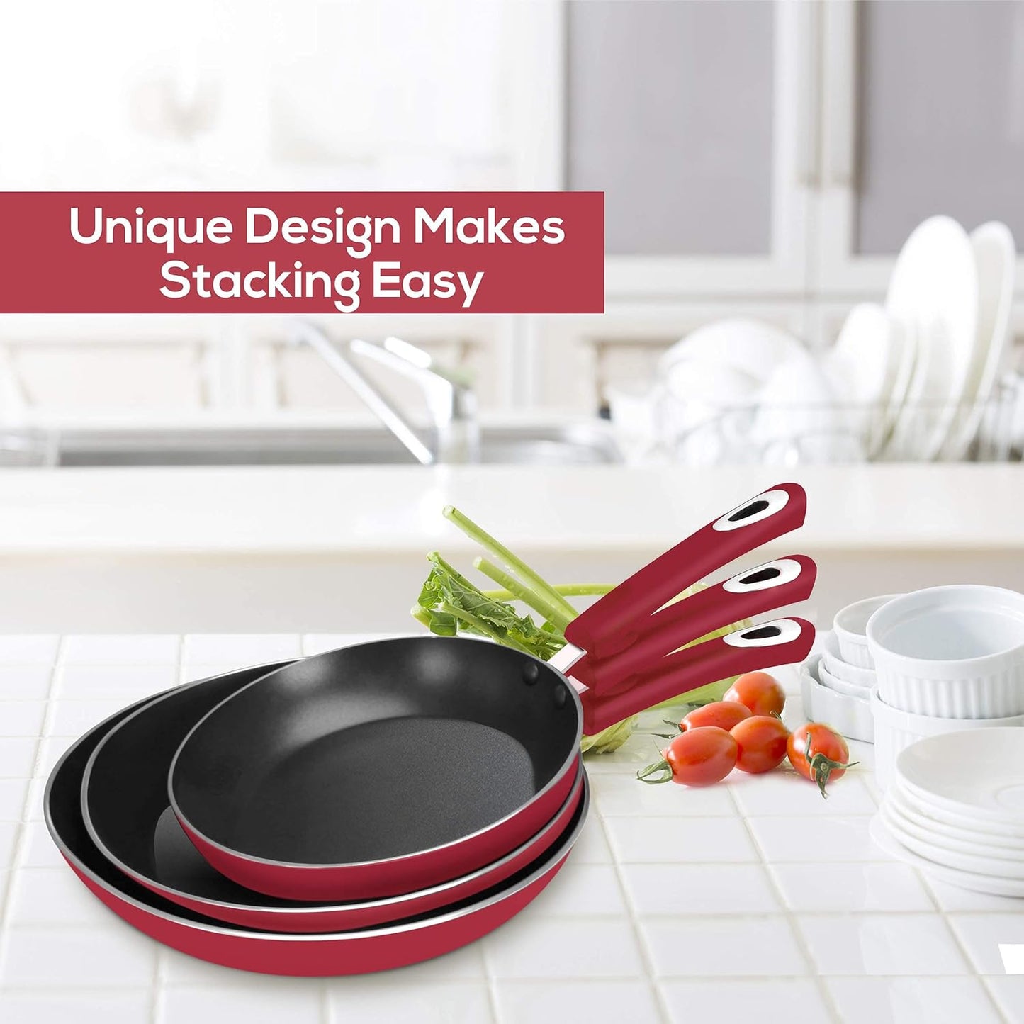 Utopia Kitchen Nonstick Cookware 3 Piece Set, Non-Stick Frying Pans with Induction Bottom, 8, 9.5 & 11 Inches Frying Pans with Bakelite Handles, PFOA Free, Red & Black