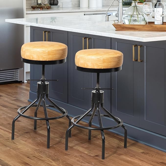 Swivel Bar Stools Set of 2 Adjustable Swivel Round Barstools Modern PU Leather 28inch Backless Counter Height Stool Metal Industrial Bar Chair for Kitchen Island (2, Ash Wood PU Leather)