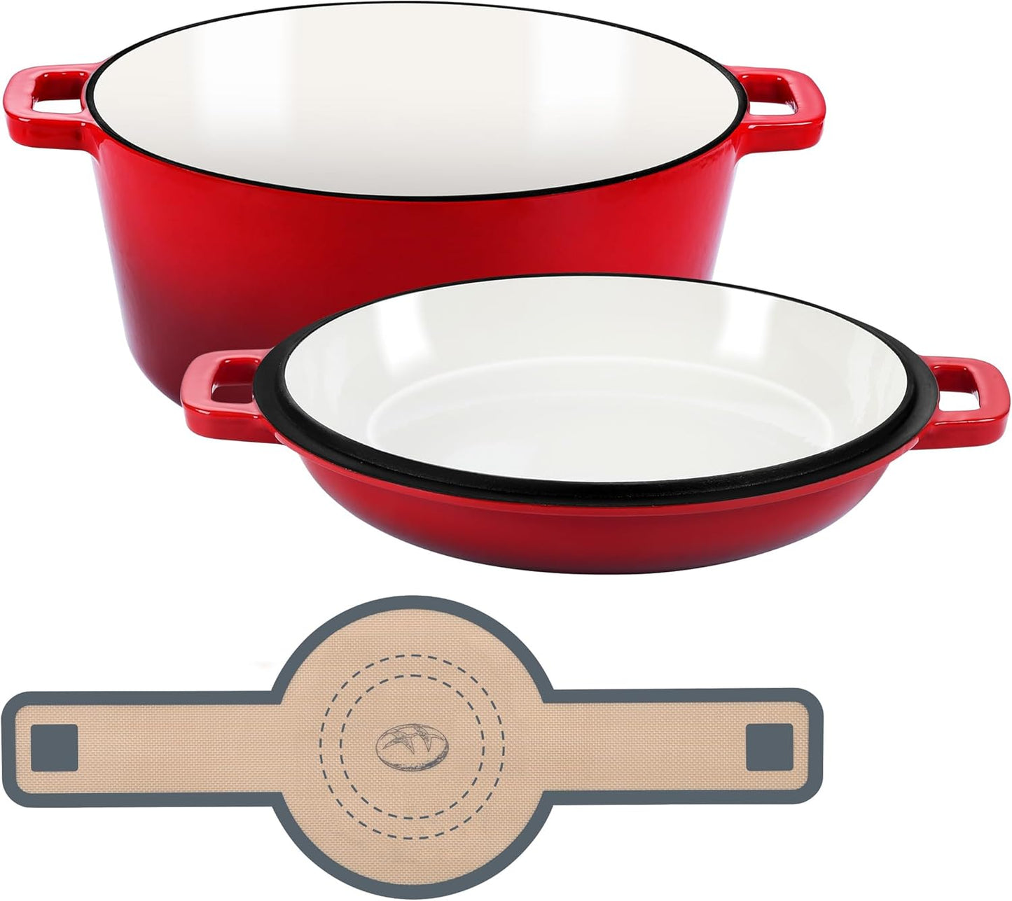E-far 5 Quart Enameled Cast Iron Dutch Oven, 2 in 1 Dutch Oven Pot with Skillet Lid and Silicone Bread Sling, Ideal for Bread Baking, Cooking, Stewing, Frying, Induction & Oven Safe - Red