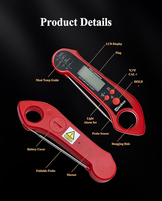 Wisebee 2-in-1 Meat Thermometer, Digital Instant Read Food Kitchen Thermometer with Dual Probes | Waterproof | Alarm Set | Calibration | Backlit | Hold Function for Cooking (Red)