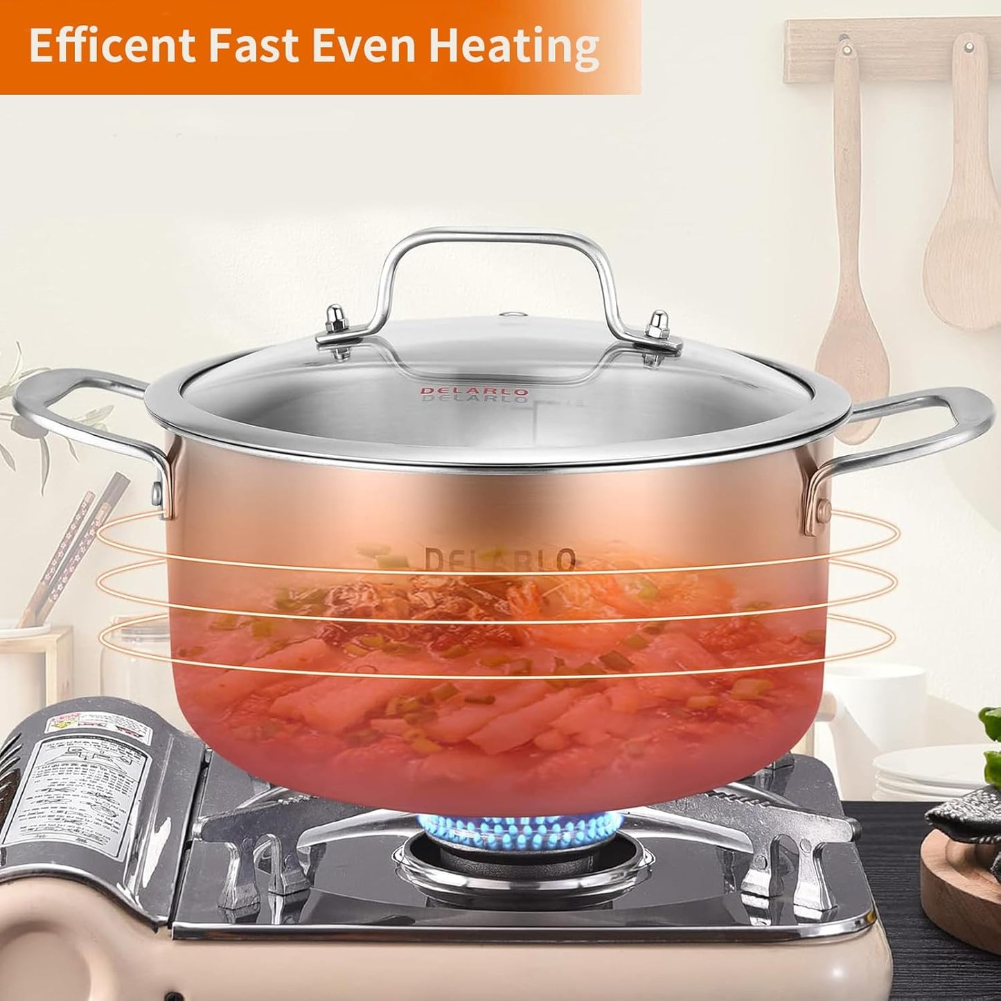 DELARLO Tri-Ply Stainless Steel 6QT Pot with Lid, Induction Ready, 6 Quart with Lid, Durable, Noodle Pot, 18/10 Heavy Duty for Cooking, Suit for All Stove, Up to 600℉(Lids 300℉)