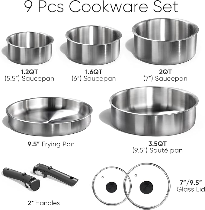 CAROTE Pots and Pans Set, Stainless Steel Cookware Set Detachable Handle, 9pcs Induction Kitchen Cookware Sets with Removable Handle, RV Cookware Set, Oven Safe
