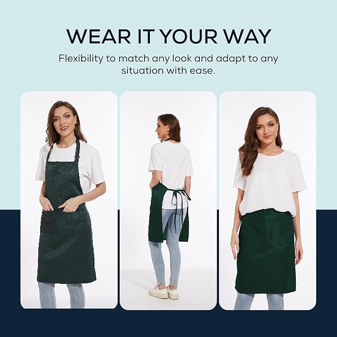 Will Well Kitchen Apron for Men and Women - 33" x 27" Oil-and-Water-Resistant with Adjustable Neck Strap and 38" Waist Ties for a Snug Fit, Lightweight with 2 Front Pockets - 2-Pack, Green