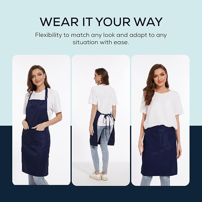 Will Well Kitchen Apron for Men and Women - 33" x 27" Oil-and-Water-Resistant with Adjustable Neck Strap and 38" Waist Ties for a Snug Fit, Lightweight with 2 Front Pockets - 2-Pack, Navy