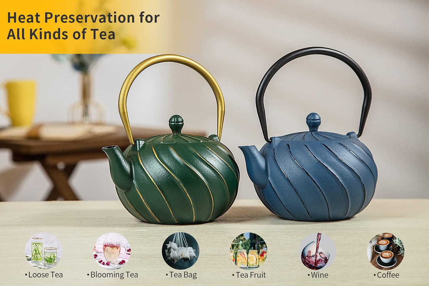 TOPTIER Japanese Cast Iron Teapot with Infuser, Stovetop Safe Teakettle, Wave Design, Enameled Interior, 30 oz (900 ml), Green