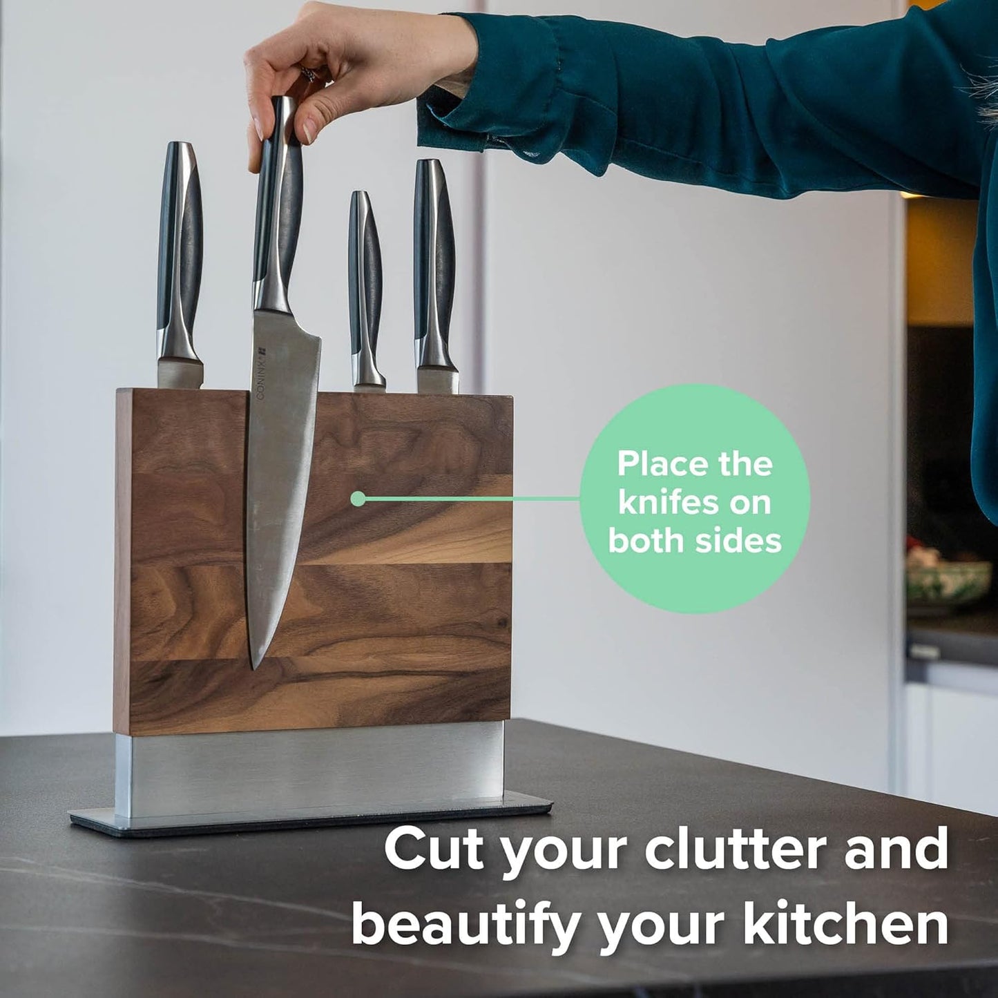 Coninx Magnetic Knife Holder with display stand, Double Sided Strong Magnetic Knife block for Kitchen counter top, Universal empty storage Organizer Block (Walnut Wood)