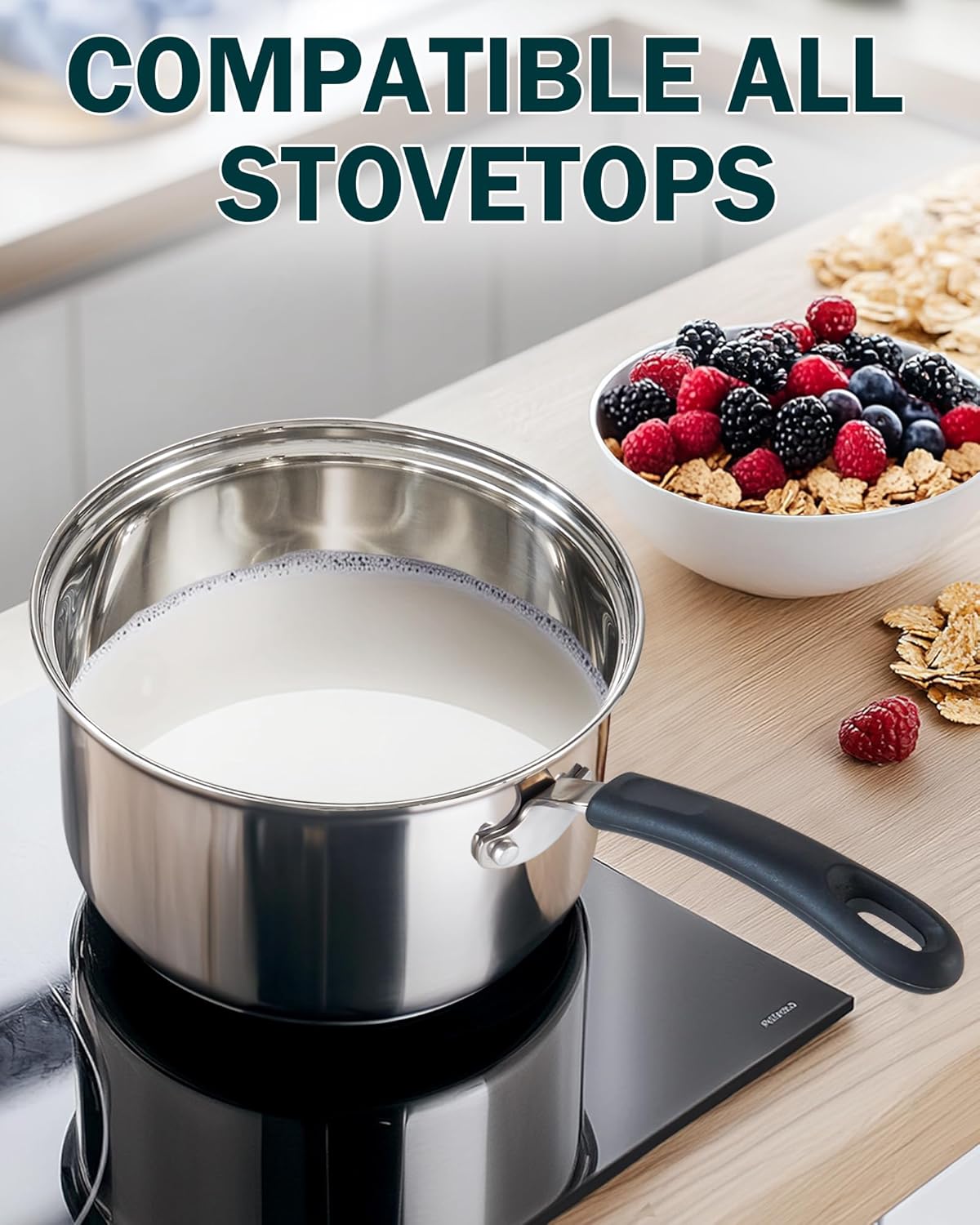 Cook N Home Saucepan Sauce Pot with Lid 3 Quart Stainless Steel, Stay Cool Handle, silver