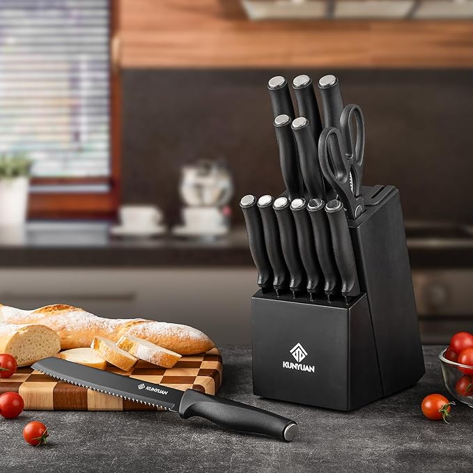 KUNYUAN Kitchen Knife Set, 15-Piece Knife Set with Self-Sharpening Block, Ergonomic Design, 6 Steak Knives, Anti-Slip Handle, Black