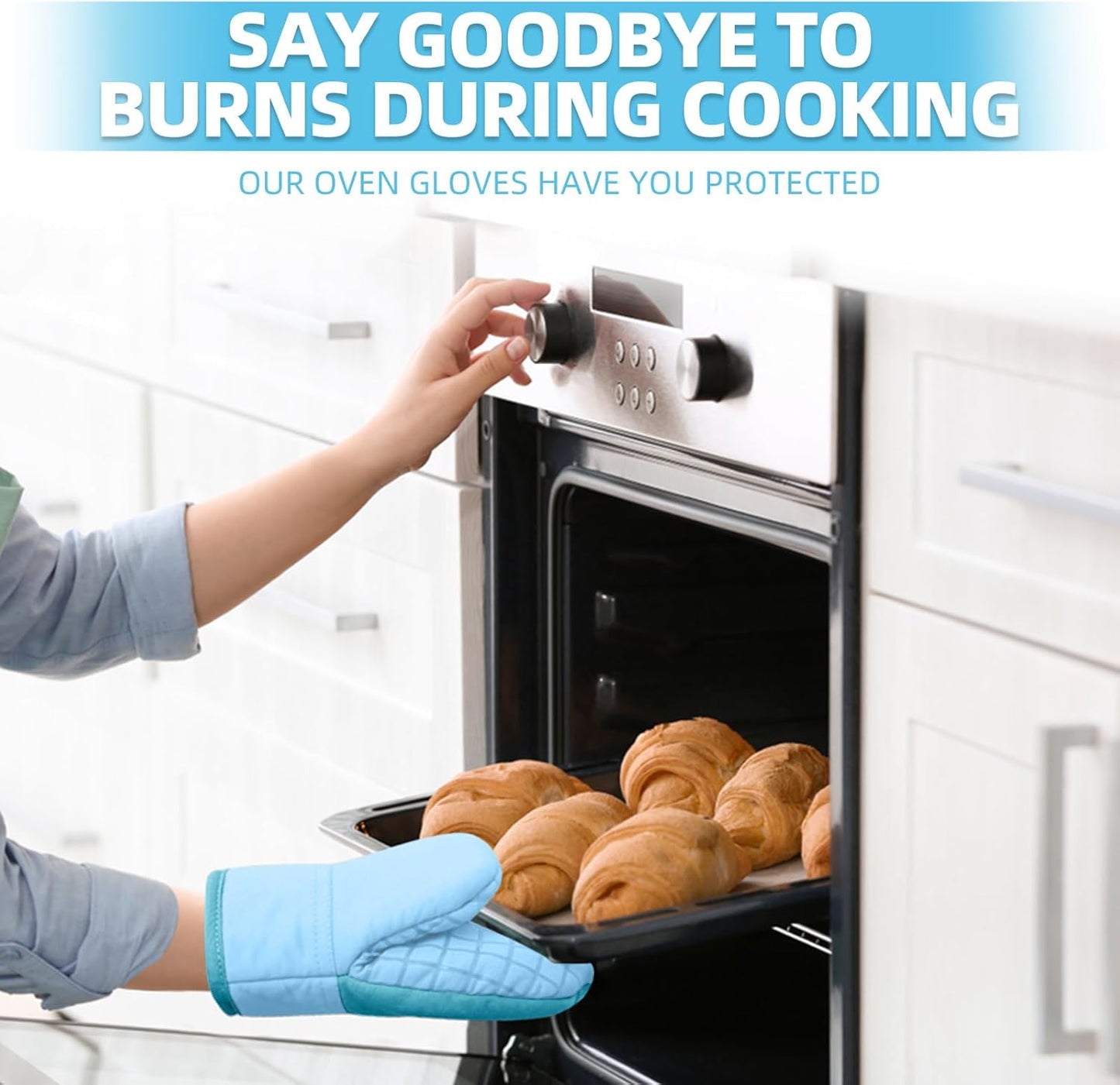 Mini Oven Mitts, Kitchen Oven Gloves Kitchen Mittens 500 Degrees Heat Resistant Baking Gloves, Non-Slip Silicone Surface with Hanging Loops Hot Gloves for Cooking, Baking, BBQ 1 Pair-Blue