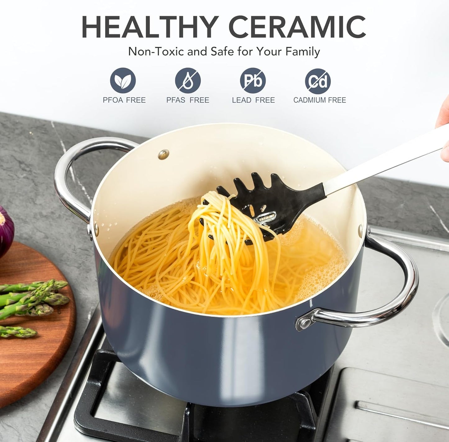 MICHELANGELO Stock Pot with Lid, 6 Quart Soup Pot with Ceramic Coating, Nonstick Ceramic Cooking Pot, Induction Compatible Stockpot - 6QT, Haze blue