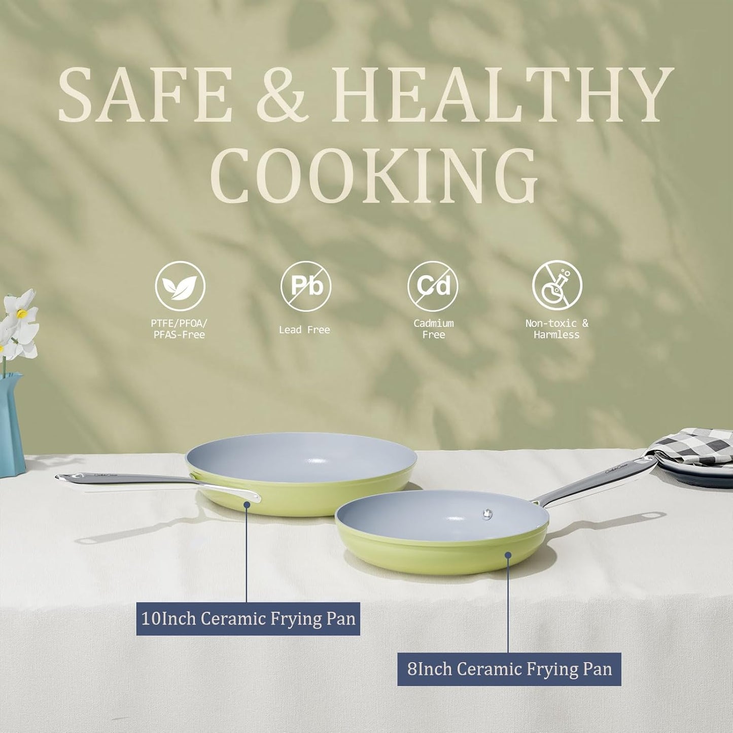 Nonstick Ceramic Frying Pan 10" Non Toxic Cooking Skillet for Eggs Pancakes & Stir Fry Even Heat Distribution PTFE/PFOA/PFAS Free Oven Safe Up to 500ยฐF All Cooktops Compatible -Avocado Green