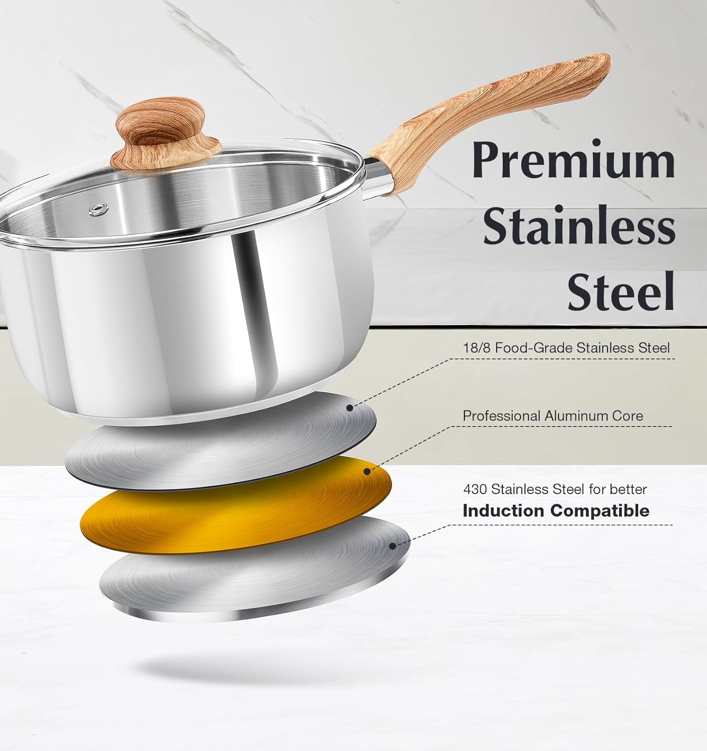 KOCH SYSTEME CS Stainless Steel Saucepan Set, 6 Piece Stainless Steel Pot 1QT & 2QT & 3QT with Heat-resistant Bakelite Handle, Tri-ply Base Pots, Sauce Pan Induction Ready, Pot Set 6PCS