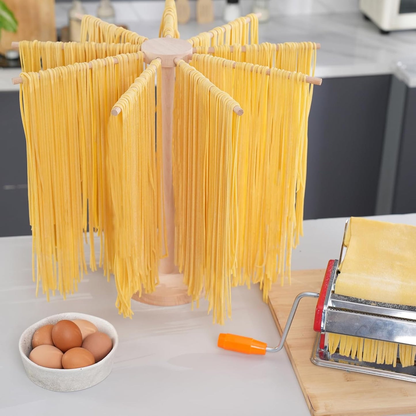 Pasta Drying Rack, Large Wood Pasta Rack Collapsible for Fresh Pasta Noodle Spaghetti Dryer Hanger Stand