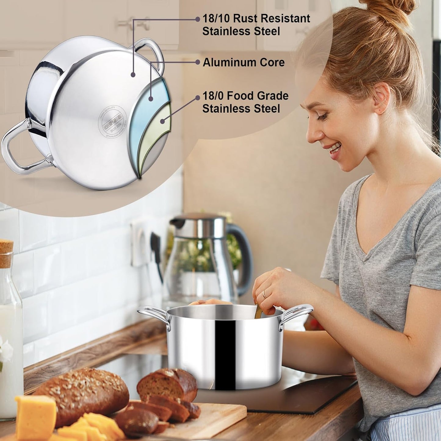 LIANYU 6QT 18/10 Stainless Steel Stockpot with Lid, Tri-Ply Heavy Duty Soup Cooking Pasta Canning Pot, 6 Quart Boiling Strew Simmer Induction Pot, Dishwasher Safe Cookware