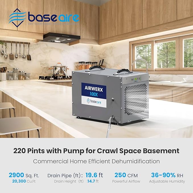 BaseAire 220 Pints Crawlspace Dehumidifiers with Pump and Drain Hose, Commercial Dehumidifier for Home,Garage and Basement, Large Capacity, Compact, Auto Defrost, Intelligent Control, Up to 2900 Sq Ft