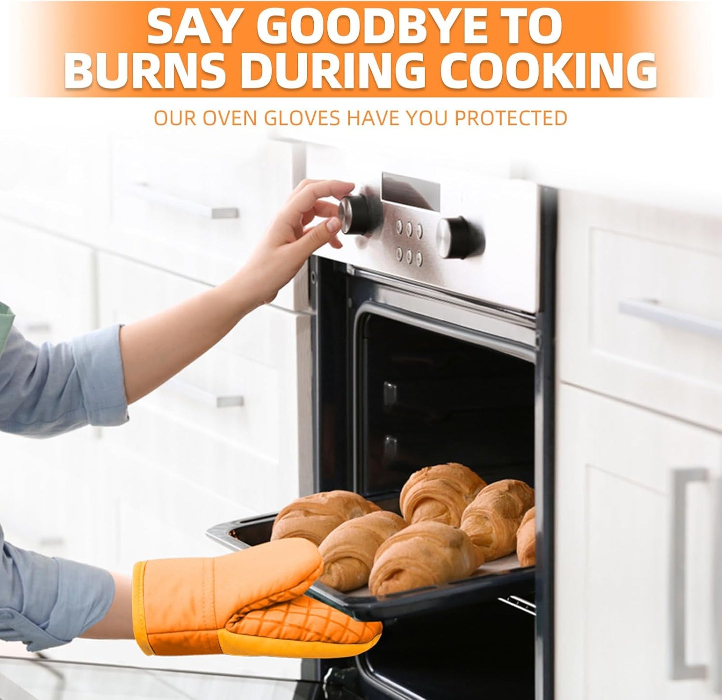 Mini Oven Mitts, Kitchen Oven Gloves Kitchen Mittens 500 Degrees Heat Resistant Baking Gloves, Non-Slip Silicone Surface with Hanging Loops Hot Gloves for Cooking, Baking, BBQ 1 Pair-Orange