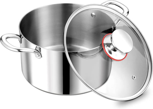 P&P CHEF 5 Quart Tri-Ply Stainless Steel Stock Pot, 5 Qt Stockpot Pasta Cooking Pot with Visible Lid for Soup Vegetable, Induction Cookware for All Stoves, Sturdy & Double Handle, Dishwasher Safe