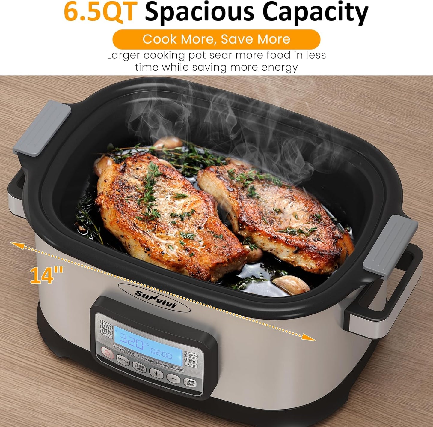 Sunvivi 6.5 Quart Slow Cooker Roaster Oven:11 in 1 programmable Multi-Cooker Food Warmer with Digital Timer, Temp Control, Removable Nonstick Cast Aluminum Pot & Dishwasher-Safe Tempered Glass Lid