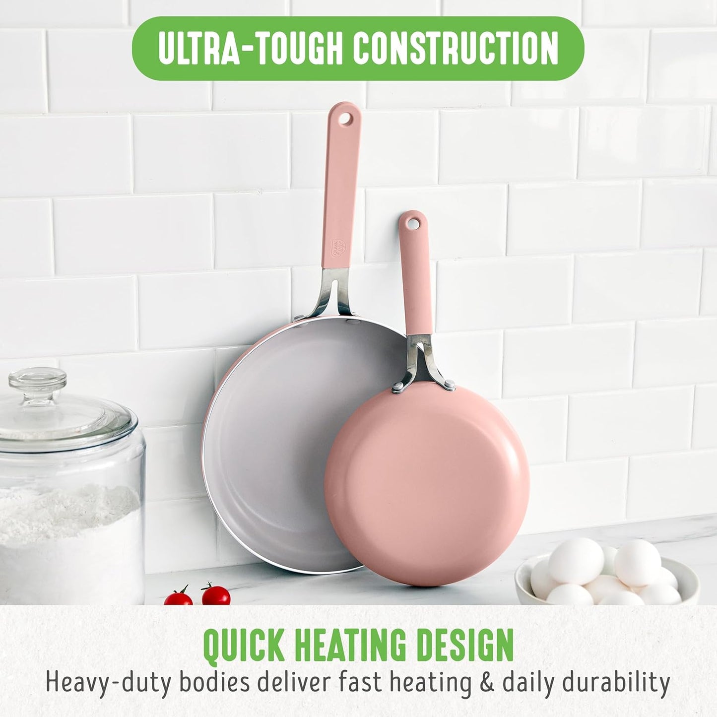 GreenLife 8” & 10” 2 Piece Nonstick Ceramic Frying Pan Set, Lightweight Healthy PFAS-Free Skillets, Dishwasher & Oven Safe, Durable Body, Silicone Stay-Cool Handles, Easy Release, Pink