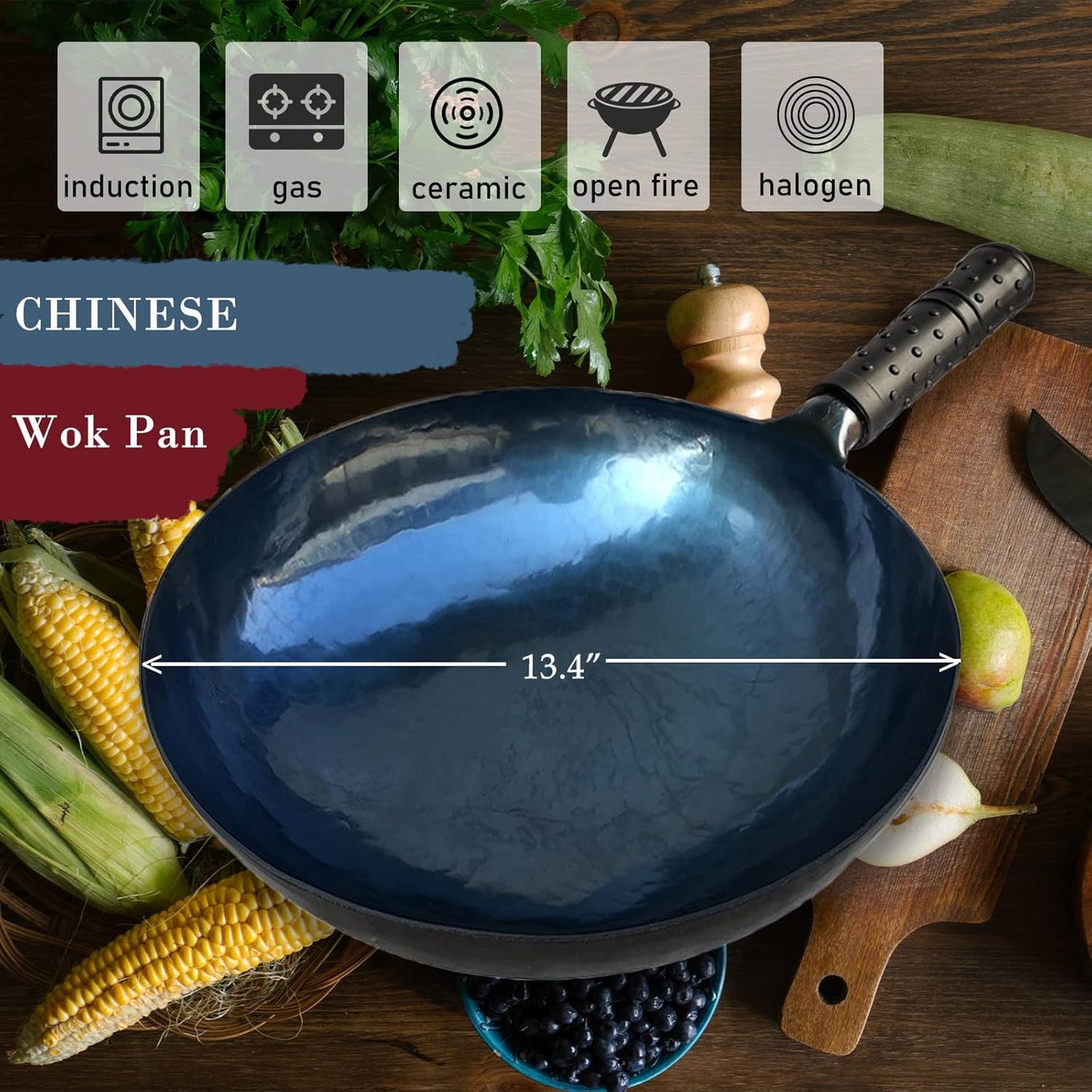 shuoguoleilei Chinese Hand Hammered Iron Woks Set, Non-stick No Coating Preseasoned Wok Blue Round Bottom Wok Pan For Electric, Induction and Gas Stoves (Blue Black-13)