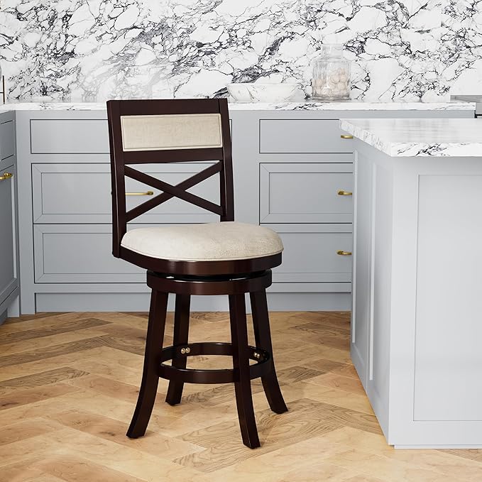 DTY Indoor Living Meeker X Back Fabric Swivel Stool, 24” Counter Height, Espresso Finish, Beige Fabric Seat