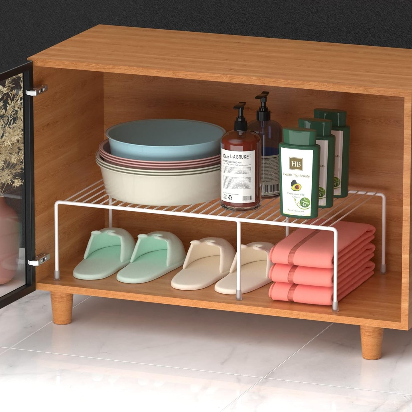 Redrubbit Cabinet Storage Shelf Rack, Expandable Metal Rustproof Kitchen Counter and Cabinet Shelf, Storage Rack Organizer Space Saver for Kitchen, Fridge, Cabinet, Bathroom, White, Set of 6