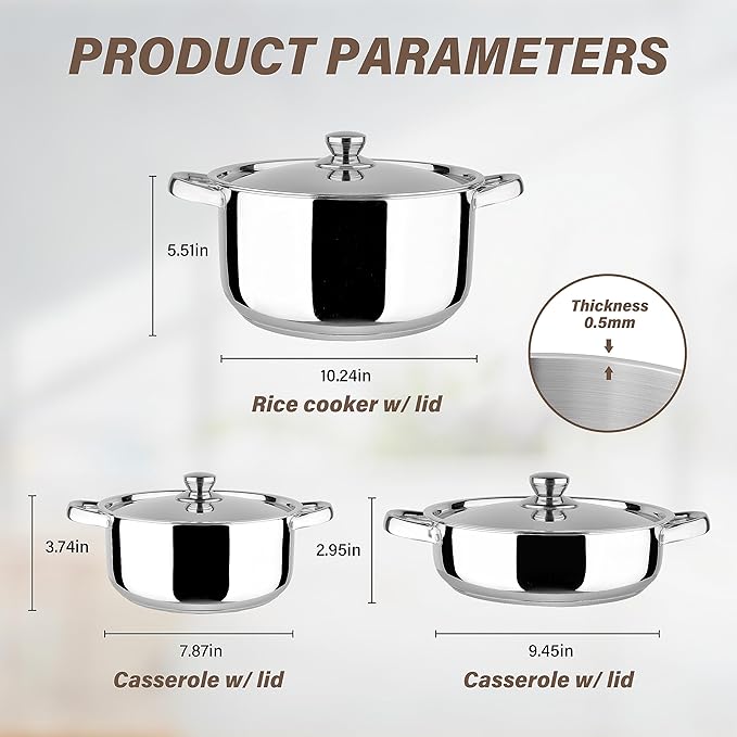 Stainless Steel 6-Piece Cookware Set: Mirror Polished, Induction Bottom, Straight Shape, SS Lids, Sturdy Handles and Knobs
