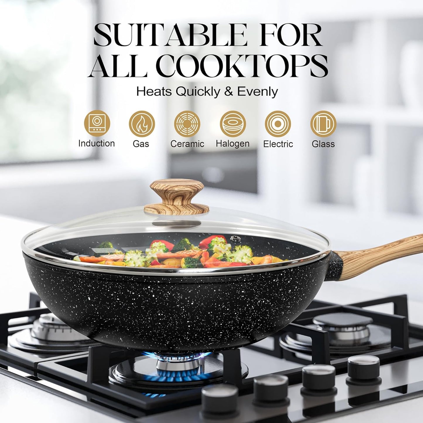 MICHELANGELO 12 Inch Wok Set - Woks & Stir-Fry Pans Nonstick Wok Pan with Lid, Induction Wok with Ergonomic Handle, Stainless Steel Steamer, Fryer Basket, Black