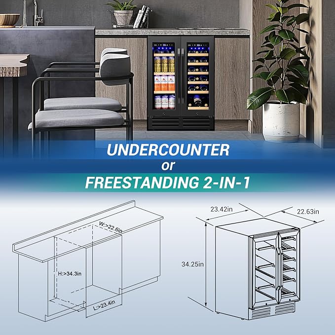 24" Black Dual Zone Wine & Beverage Refrigerator | Under Counter Built-In or Freestanding | 18 Bottles & 68 Cans | Glass Door with Lock Large Capacity for Beer Wine Soda Drinks