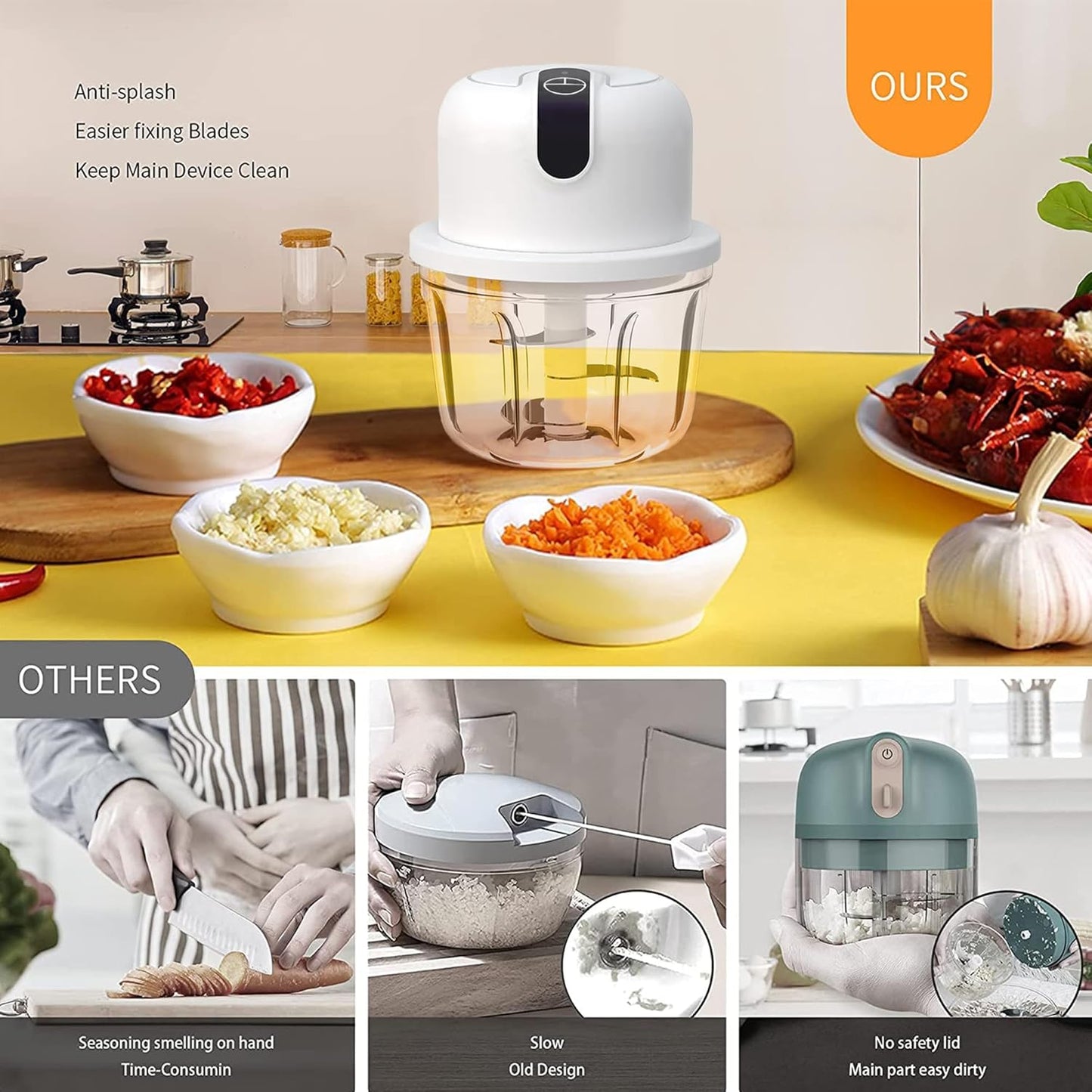 White 3 CUP Electric mini garlic crusher, USB rechargeable portable electric food crusher, wireless small kitchen processor for crushing garlic, ginger, chili, minced meat, onions, etc.(350+250+100ml)