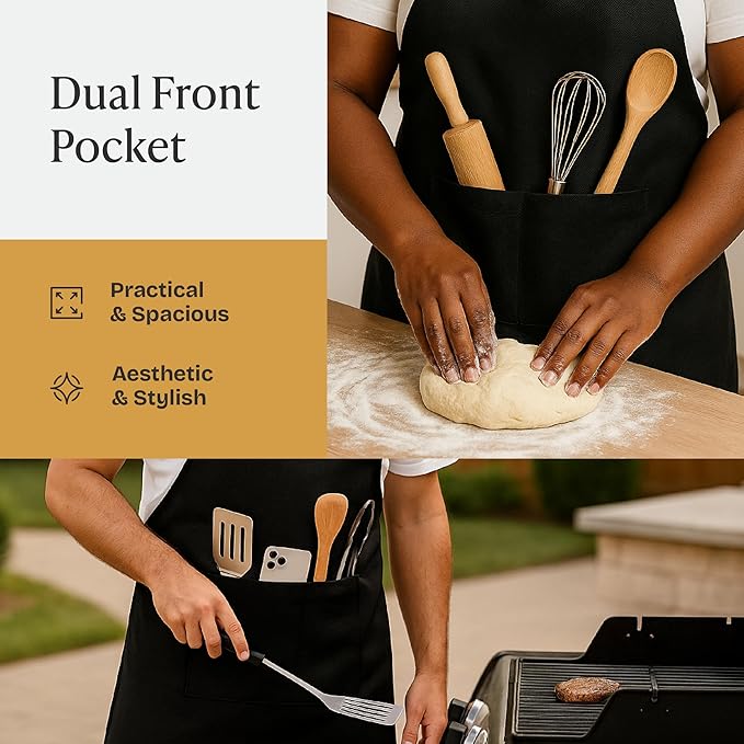 Will Well Chef Apron for Men and Women - 33" x 27" Large with 38" Waist Ties for a Comfy and Snug Fit, Durable and Lightweight, with 2 Spacious Pockets for Your Cooking Essentials - 2-Pack, Black
