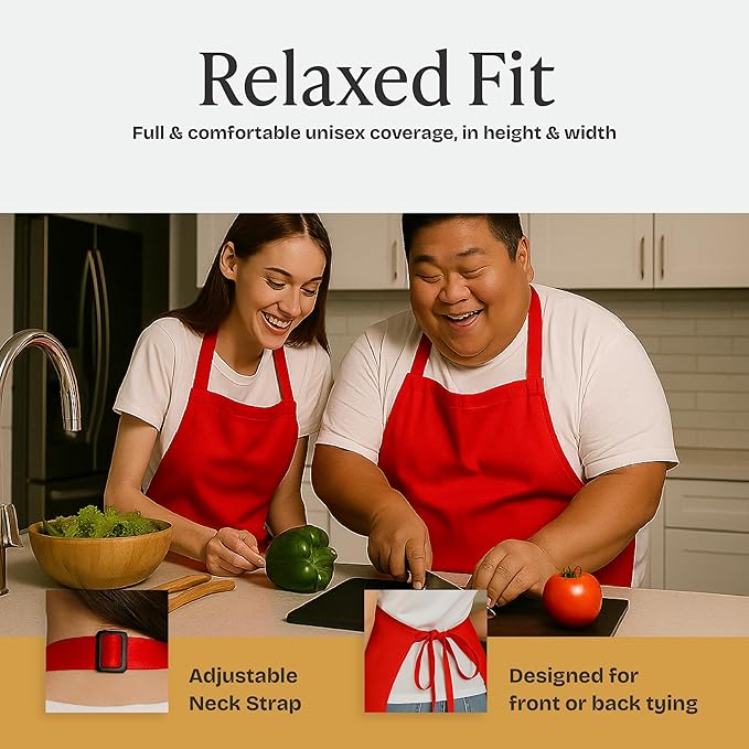 Will Well Kitchen Apron for Men and Women - 33" x 27" Oil-and-Water-Resistant with Adjustable Neck Strap and 38" Waist Ties for a Snug Fit, Lightweight with 2 Front Pockets - 1-Pack, Red