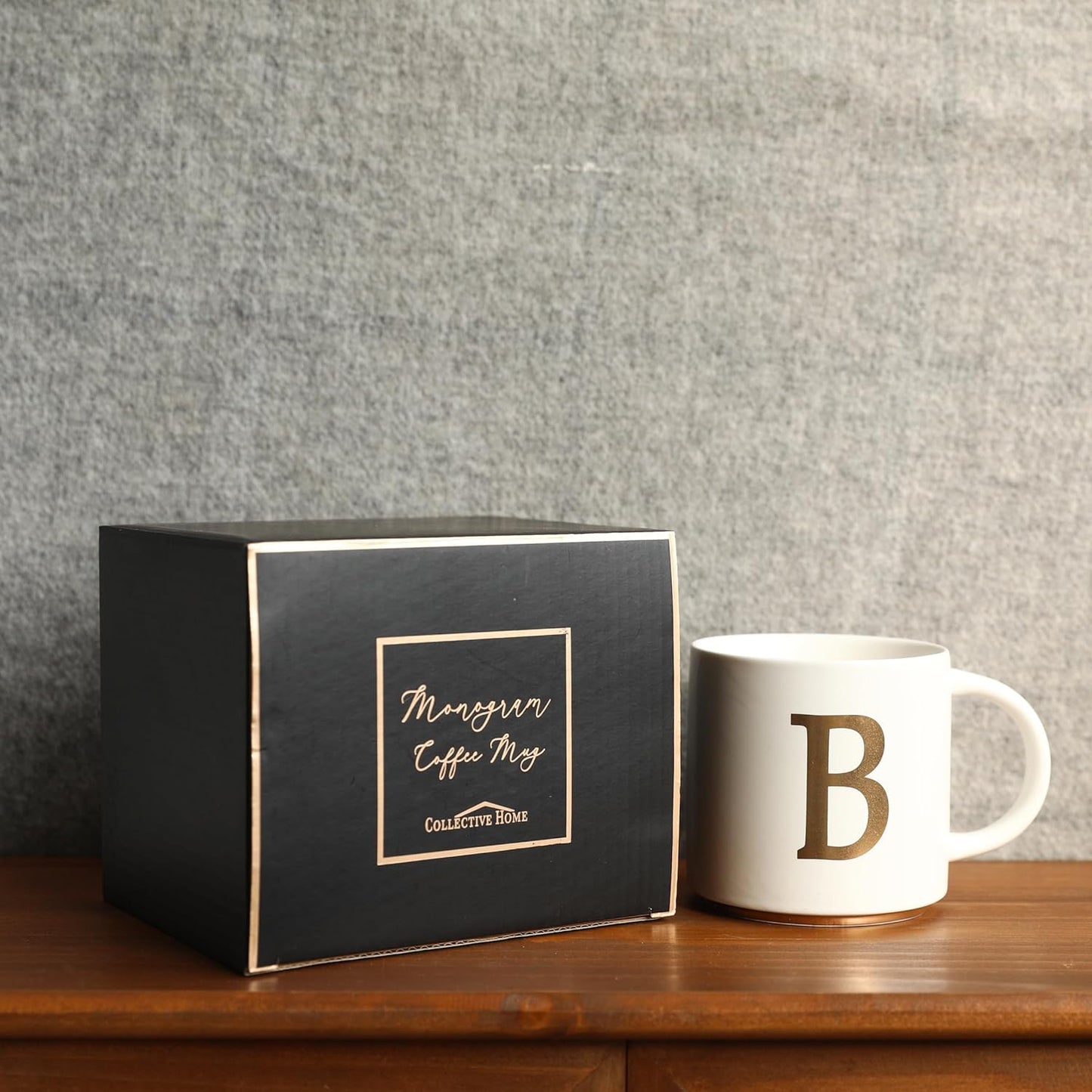 COLLECTIVE HOME - Monogram Ceramic Mugs, 15 oz Golden Initial Coffee Cups, Elegant Alphabet Tea Mugs, Elegant Personalized Mug with Gift Box, Unique Mug with Double Side Capital Letter (B)