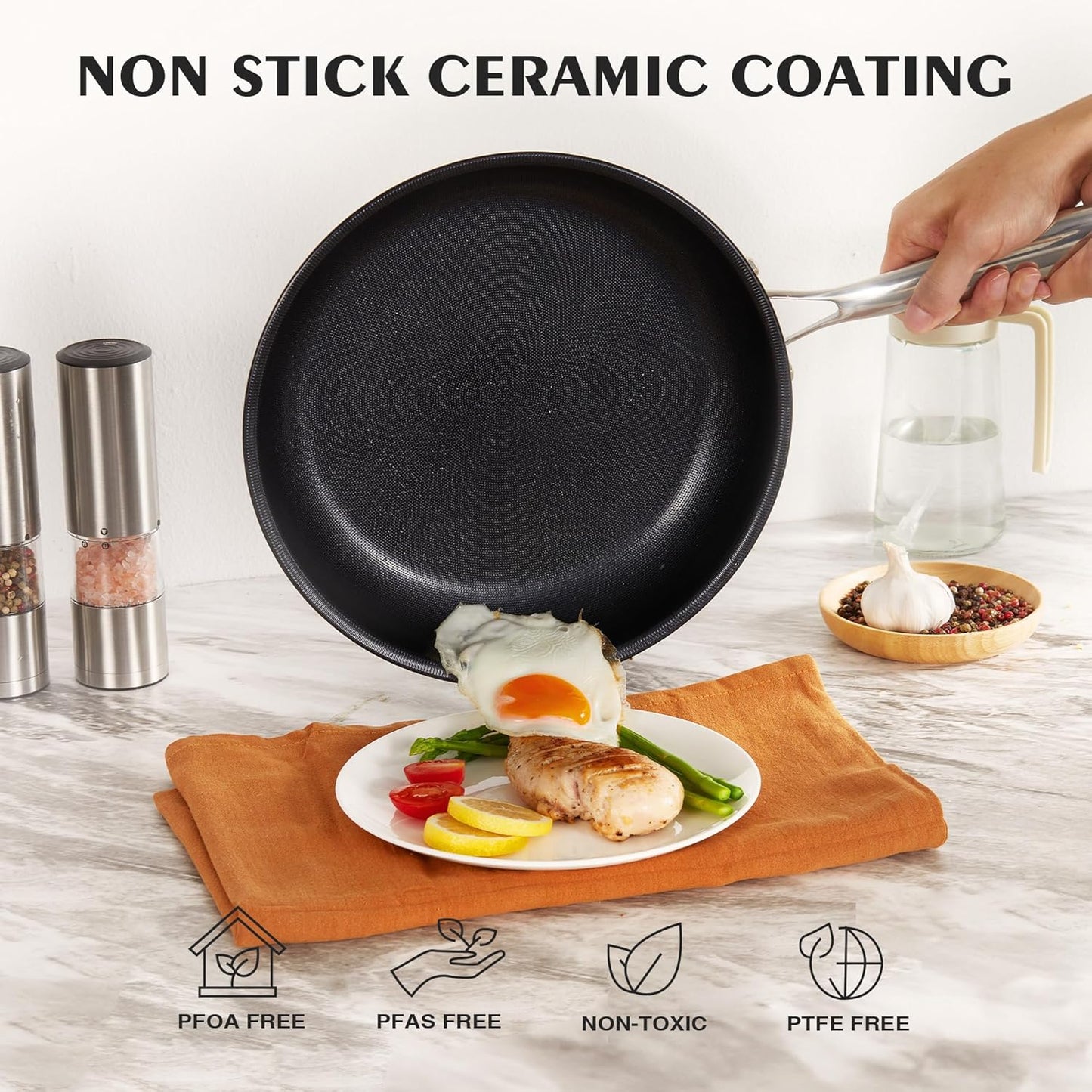 KITEXPERT Non Stick Frying Pans without Lid, 8" Titanium Ceramic Pan Nonstick Stainless Steel Skillet, PFAS PFOA & PTFE Free, Quick-Cool Handle, Dishwasher & Oven Safe, Compatible with All Cooktops