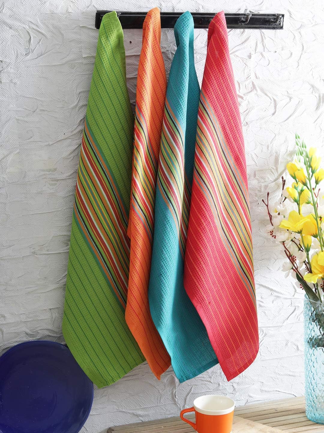 DG Collections Salsa Stripe Kitchen Dish Towels, 100% Cotton, Highly Absorbent, Multi Purpose Waffle Tea Towels for Cooking, Drying & Cleaning, 16x28 Inches, Pack of 12