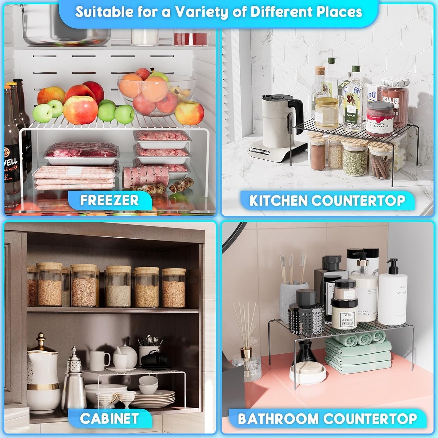 Large(15.7 x 9.4 inch)Black Cabinet Storage Shelf Rack Set of 4, Rustproof Metal Wire Kitchen Counter Organizers and Storage, Spice Organization for Cabinet, Plate, Dish, Pantry, Bathroom, Fridge