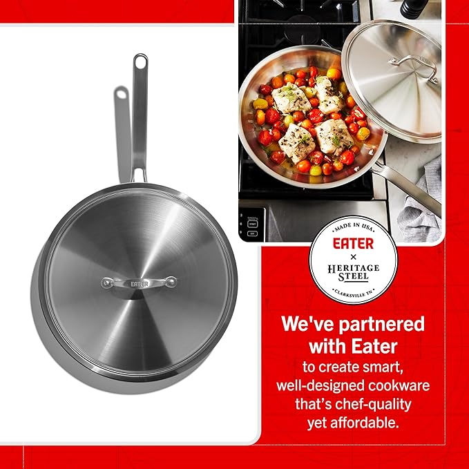 Heritage Steel Eater Series 12 Inch Frying Pan with Lid | Made in USA | 5-Ply Fully Clad Stainless Steel | Stay Cool Handle Design | Induction Ready & Non-Toxic