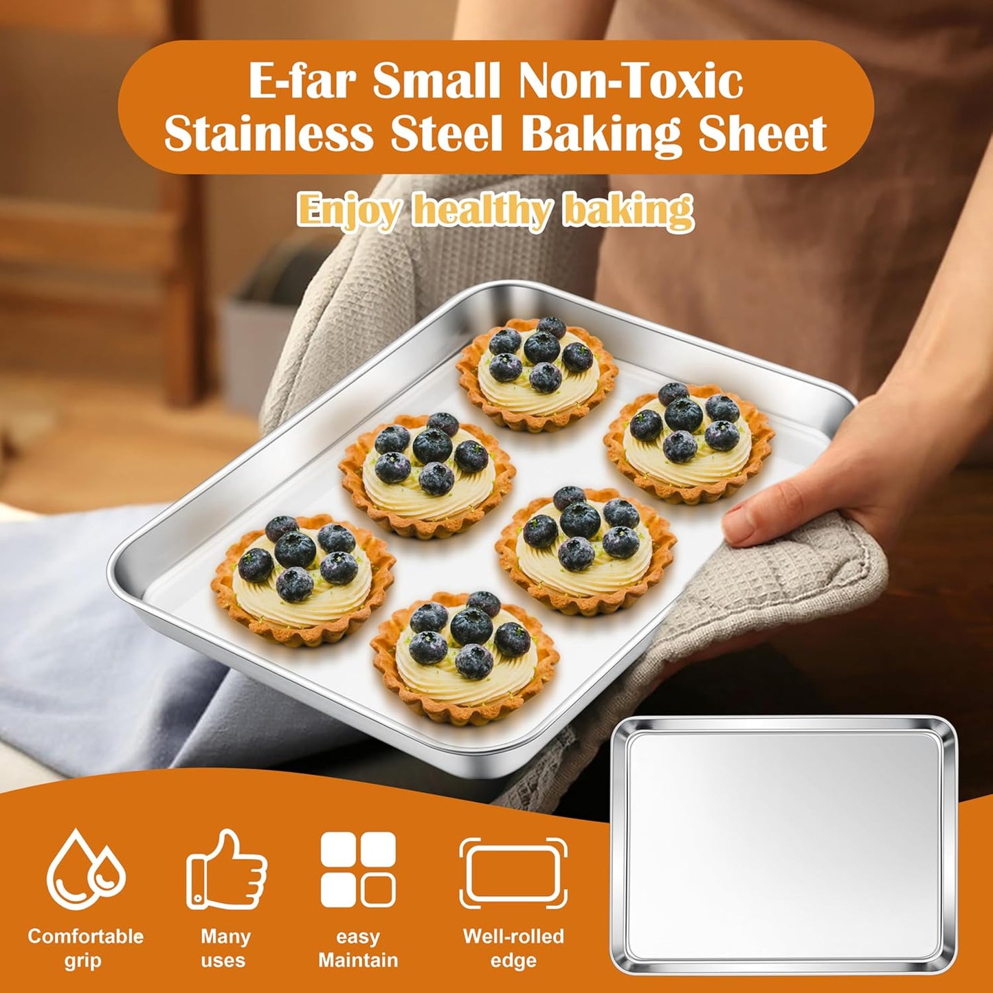E-far Small Baking Sheet Set of 4, 10.5”x8.3” Stainless Steel Cookie Sheets Pans, Compact Non-toxic Metal Toaster Oven Trays for Cake, Healthy & Rust Free, Mirror Finish & Dishwasher Safe