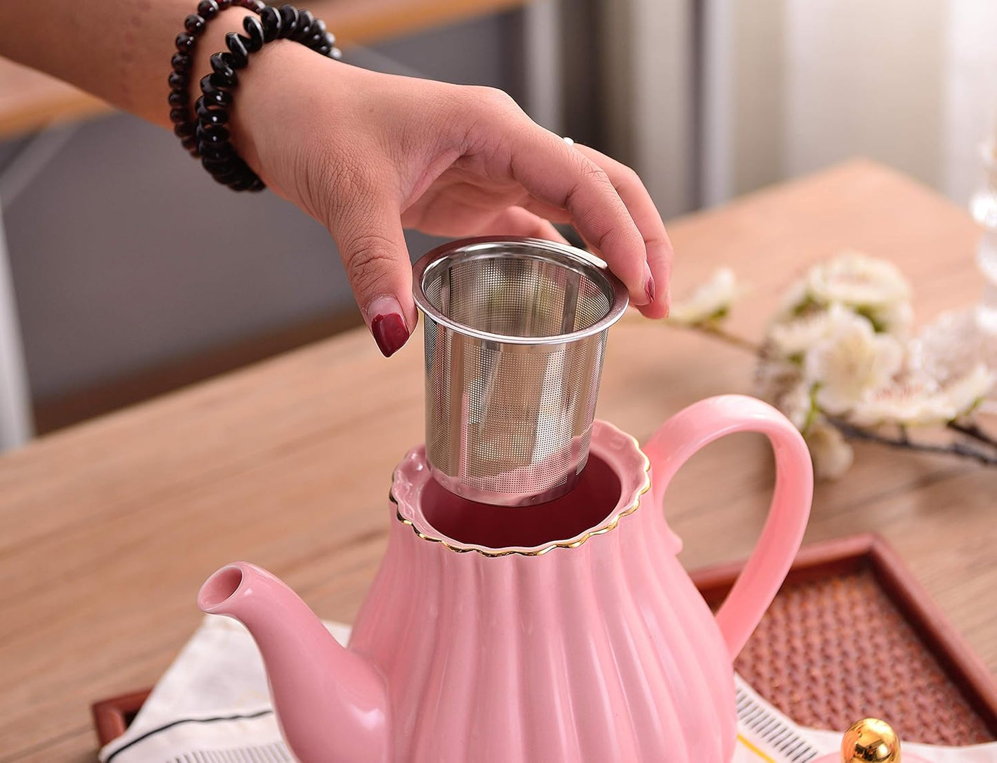 Jusalpha Porcelain Tea Set- Pink Teapot and Creamer Sugar Bowl Set, TW (Pink)